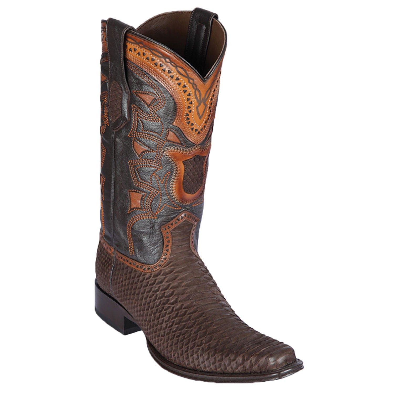 Western Genuine Python Skin European Square Toe Boots Nobuck Brown Color - Los Altos Boots - Side View