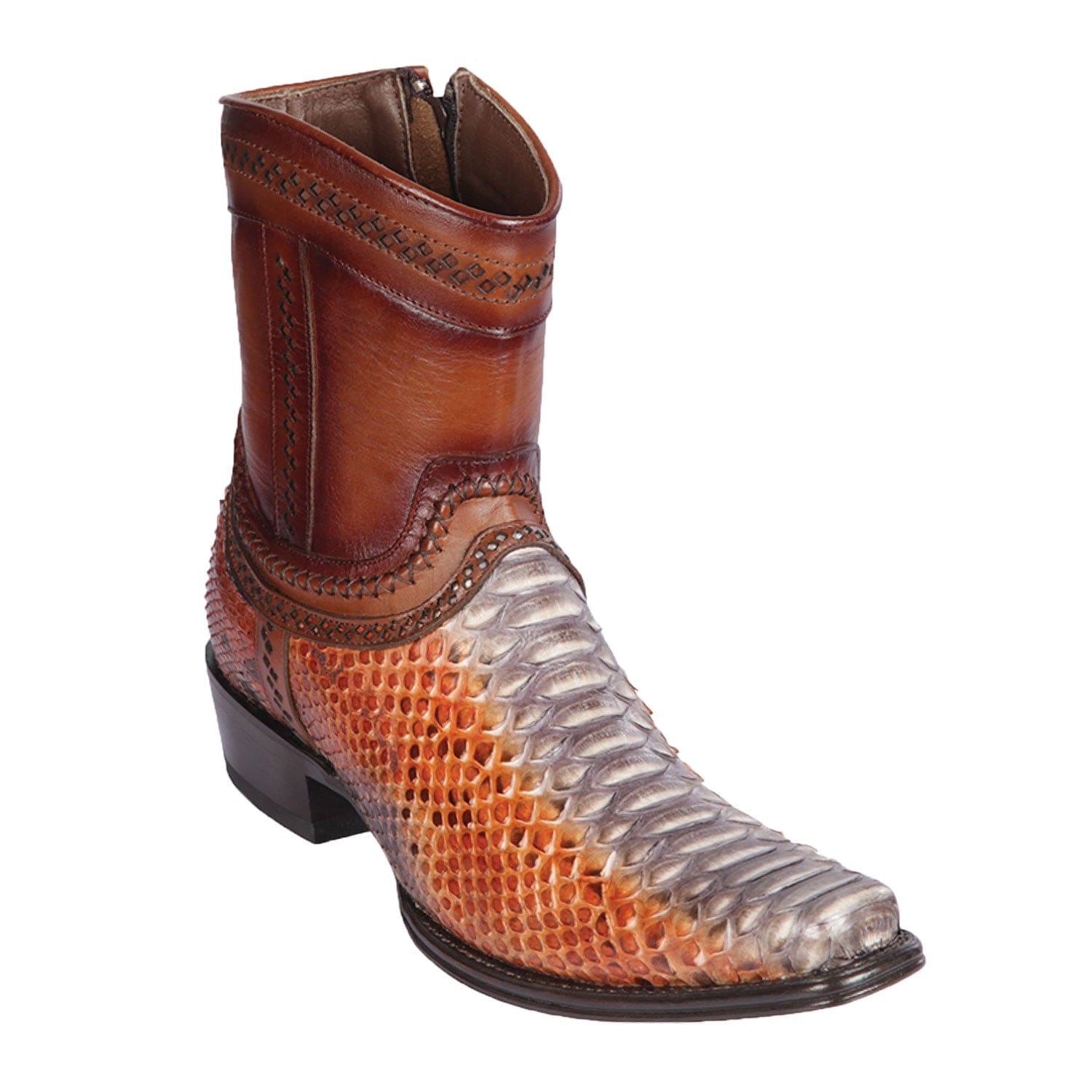 Men's Genuine Python Skin European Square Toe Short Boots With Zipper Rustic Cognac Color - Los Altos Boots
