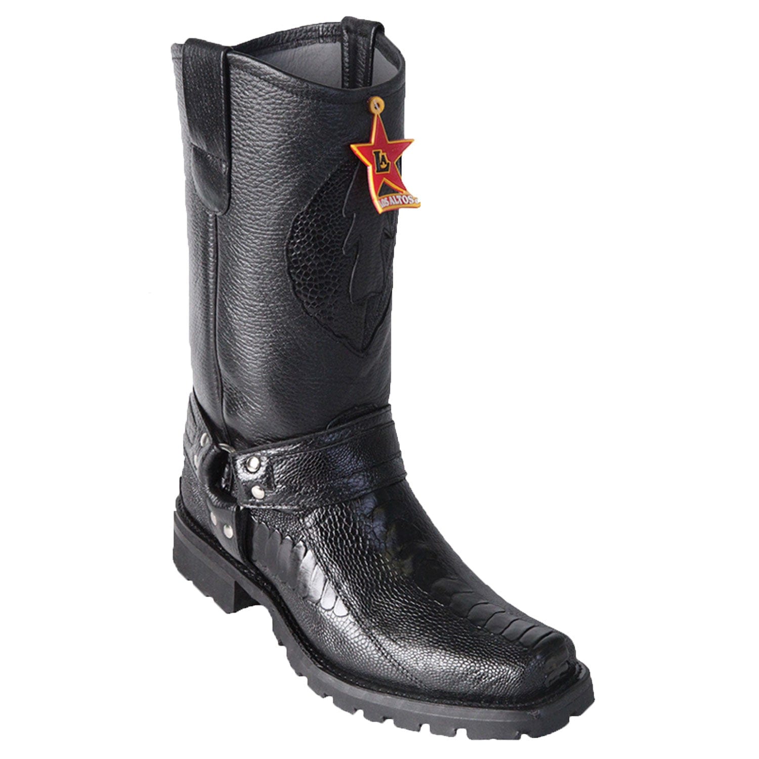 Western Genuine Ostrich Leg Skin Biker Boots Black Color - Los Altos Boots - Side View