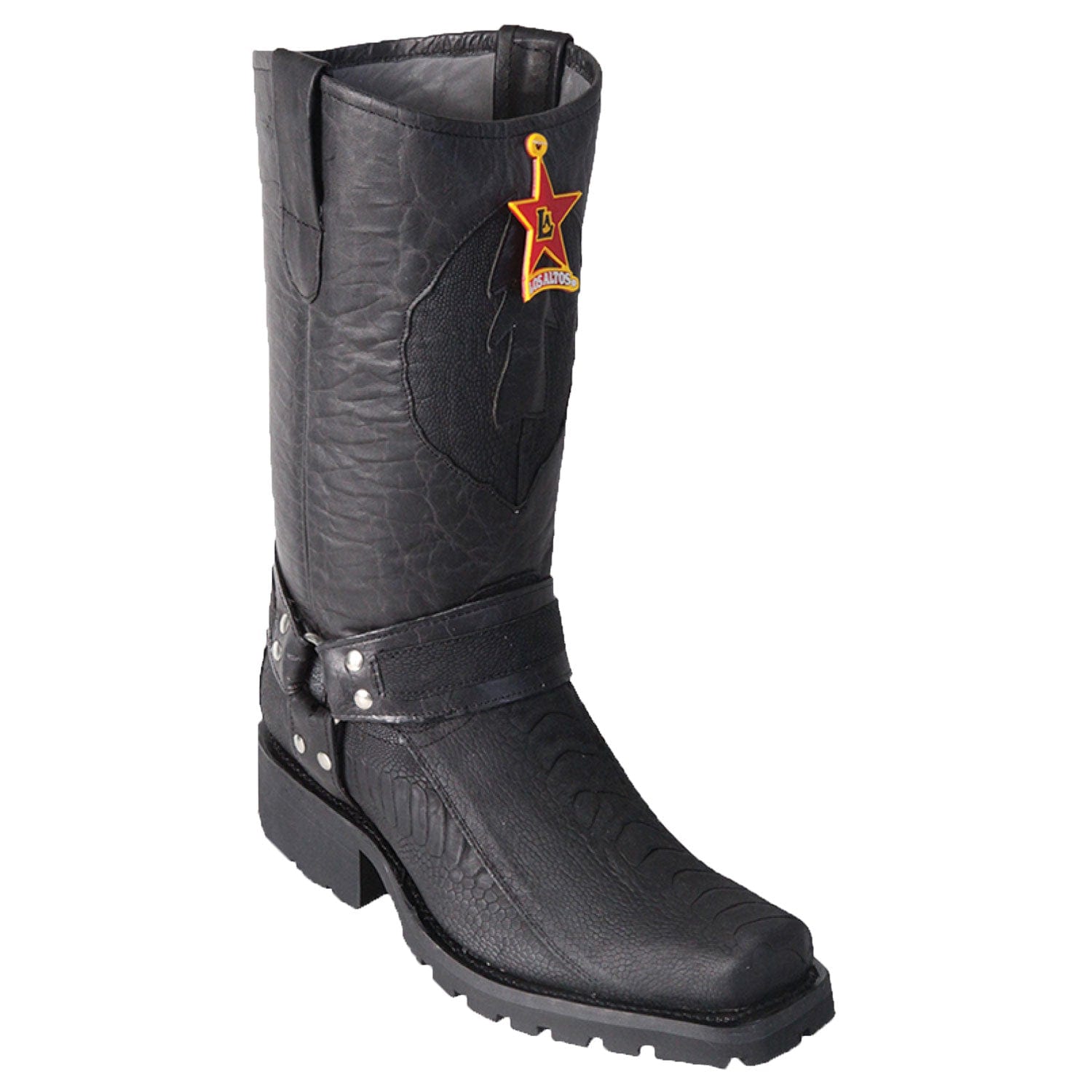 Western Genuine Ostrich Leg Skin Biker Boots Greasy Black Color - Los Altos Boots - Side View