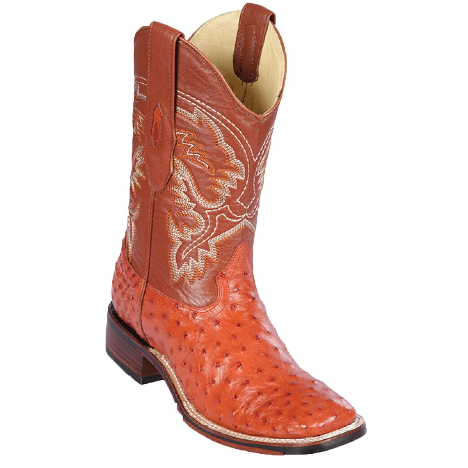 Western Genuine Ostrich Skin Rodeo Wide Square Toe Boots Cognac Color - Los Altos Boots - SIde View