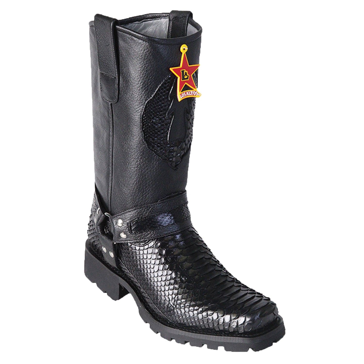 Western Genuine Python Skin Biker Boots Black Color - Los Altos Boots - Side View