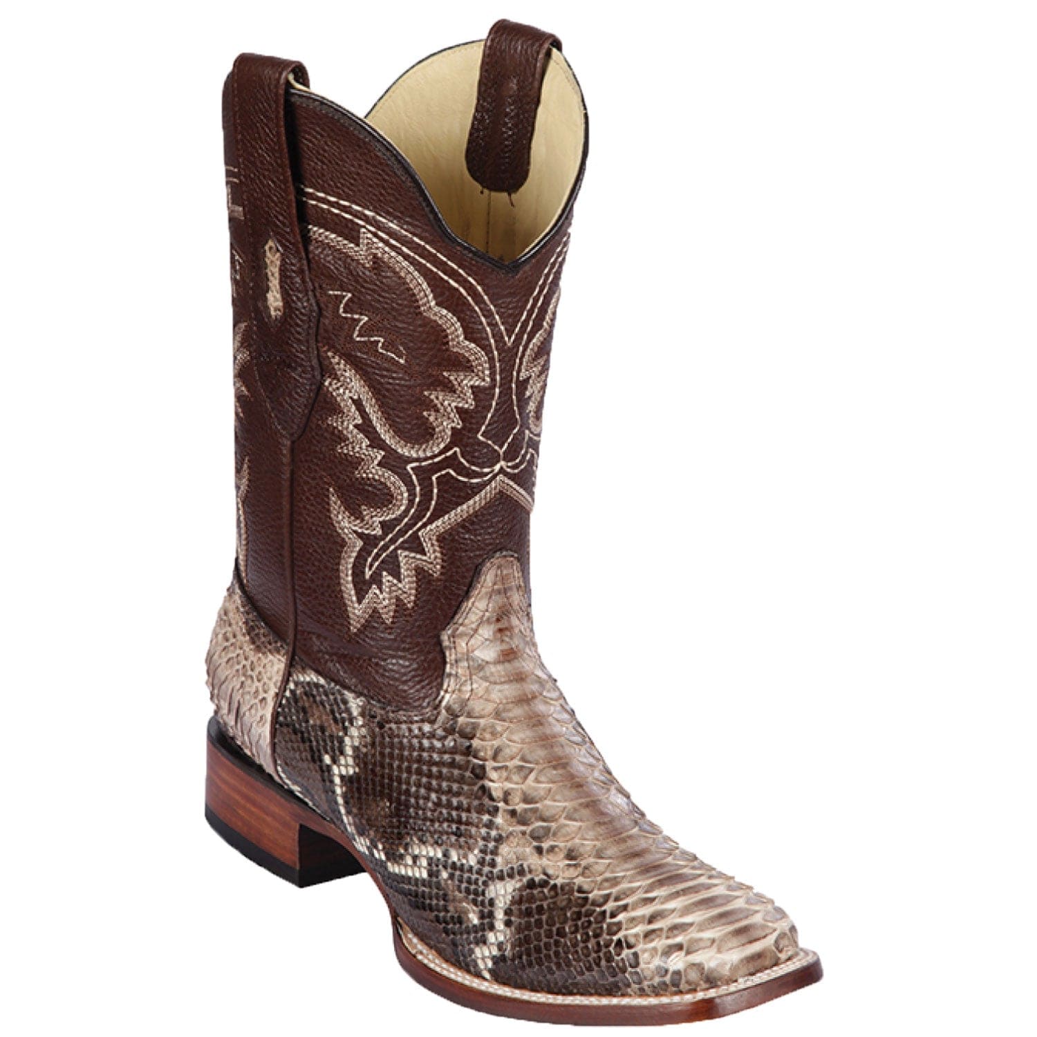 Western Genuine Python Skin Rodeo Wide Square Toe Boots Rustic Brown Color - Los Altos Boots - Side View