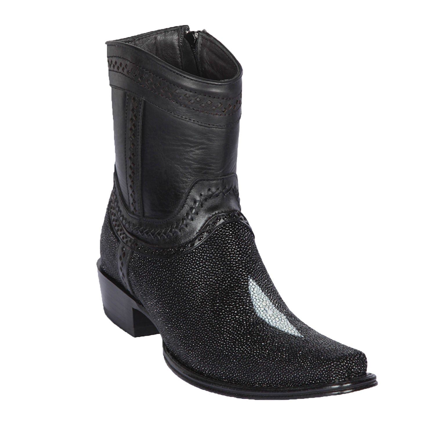 Men's Genuine Stingray Skin Single Stone European Square Toe Short Boots With Zipper Black Color - Los Altos Boots