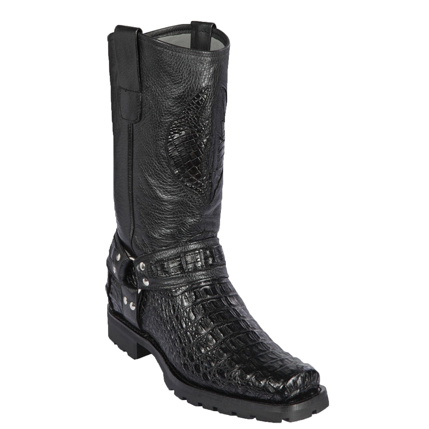 Western Genuine Smooth Caiman Skin Biker Boots Black Color - Los Altos Boots - Side View