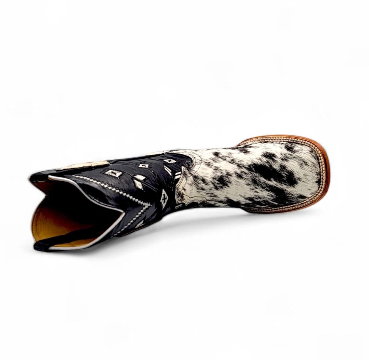 Hooch Boots Men's Handcrafted Black and White Hair-On Cowhide Leather Square Toe Western Boots - Top View