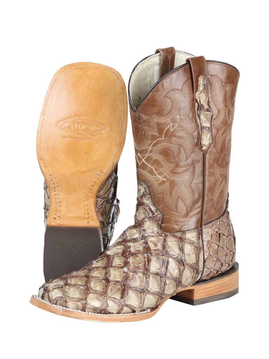 El General Western Wear El General Men's Exotic Monster Fish Rodeo Boots - Cream 44114 sole and pair view