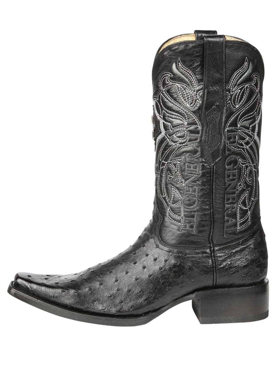 El General Western Wear El General Men's Exotic Ostrich Leather Cowboy Boots - Black 45075 left side view