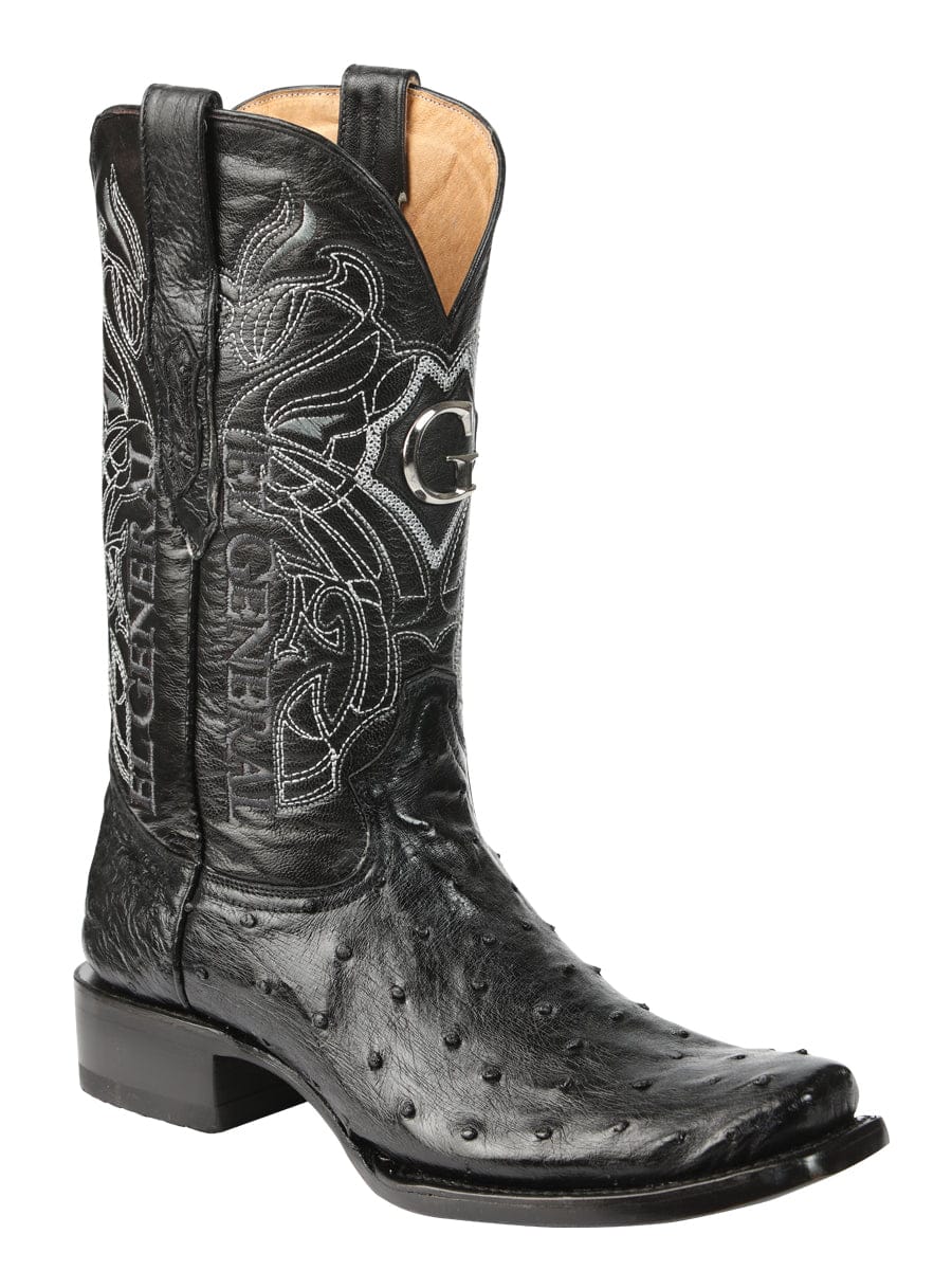 El General Western Wear El General Men's Exotic Ostrich Leather Cowboy Boots - Black 45515 side view