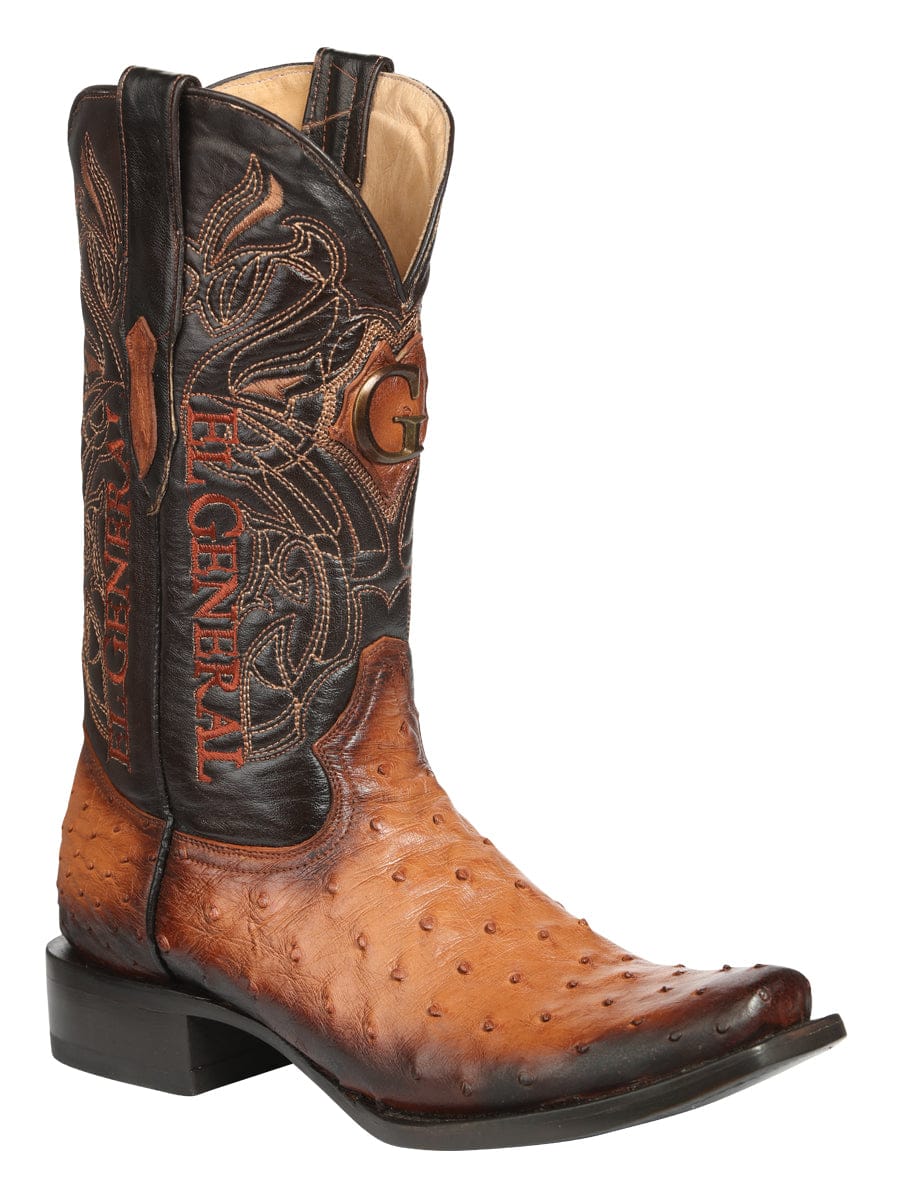 El General Western Wear El General Men's Exotic Ostrich Leather Cowboy Boots - Cognac 45517 side view