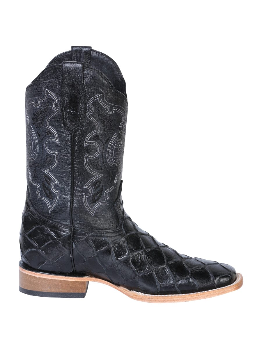 El General Men’s Square Toe Leather Cowboy Boot- Printed Pirarucu Black 41792 - Right Side View