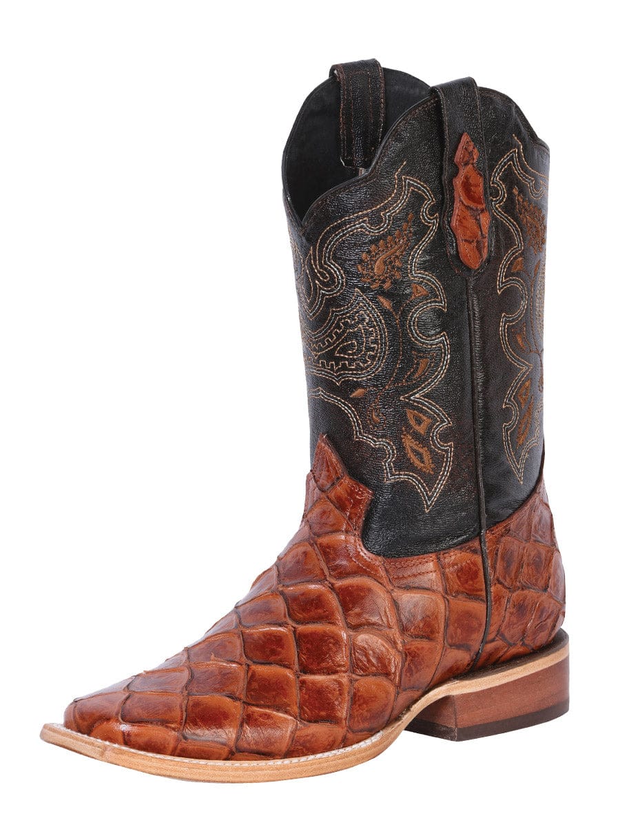 El General Men’s Square Toe Leather Cowboy Boot - Imitación  Pirarucu Cognac 41793 - Side View