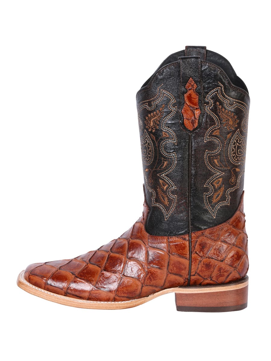 El General Men’s Square Toe Leather Cowboy Boot - Imitación  Pirarucu Cognac 41793 - Left Side View