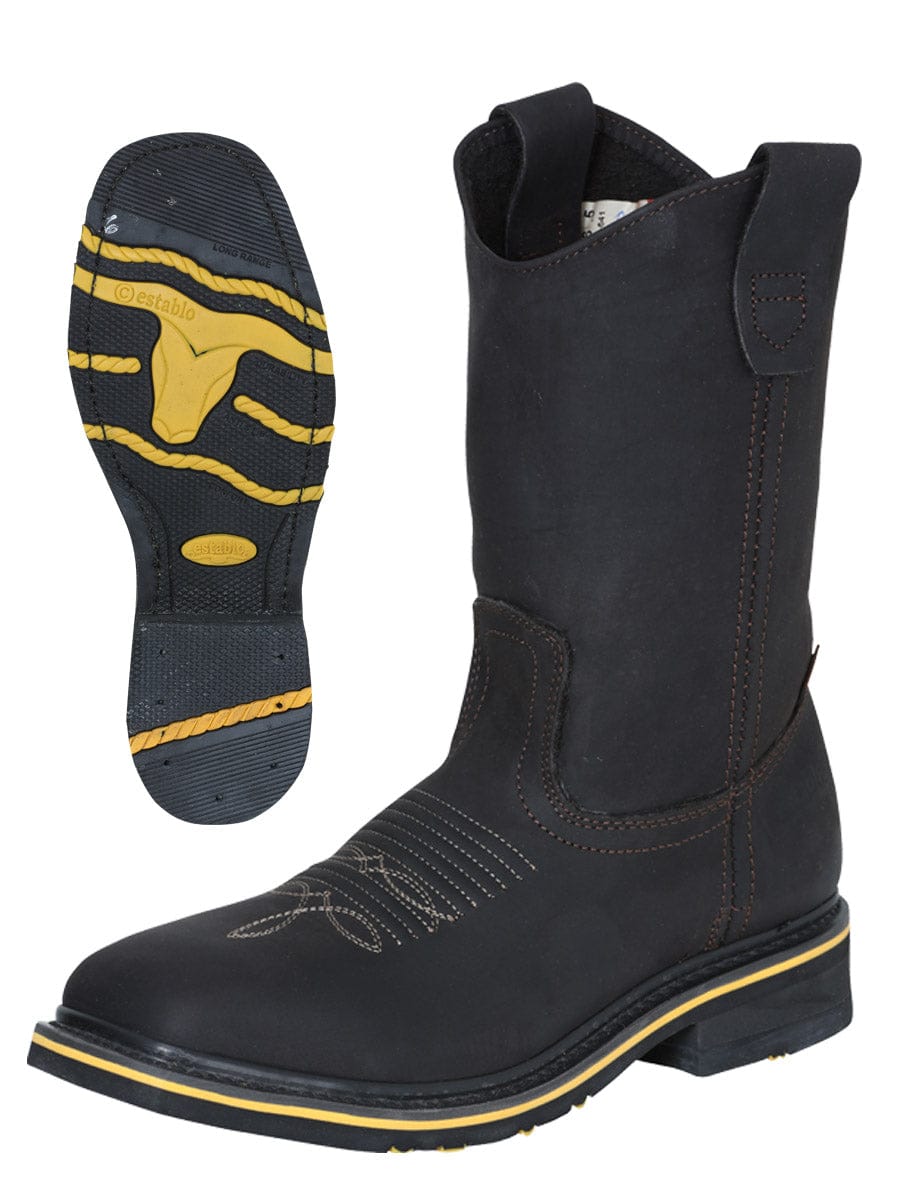 El General Western Wear CABALLERO Establo Men’s Rodeo Boot - Crazy Leather Chocolate with Steel Toe 41545 sole & side view
