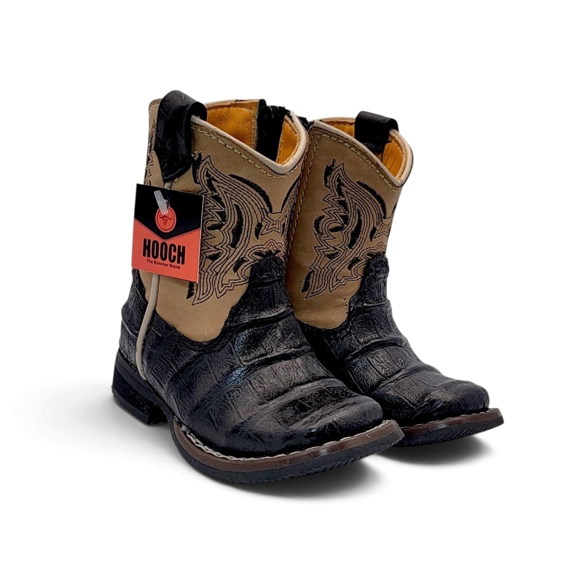Hooch Boots Baby Handcrafted Black Caiman Belly Print Genuine Leather Square Toe Western Boots - Pair Side View