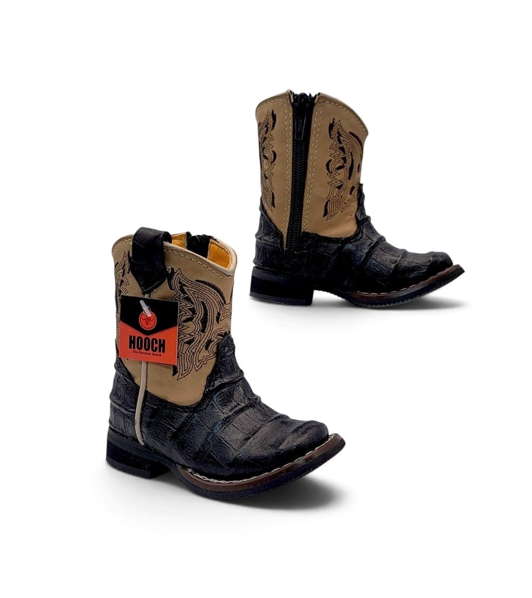 Hooch Boots Baby Handcrafted Black Caiman Belly Print Genuine Leather Square Toe Western Boots - Pair Side View