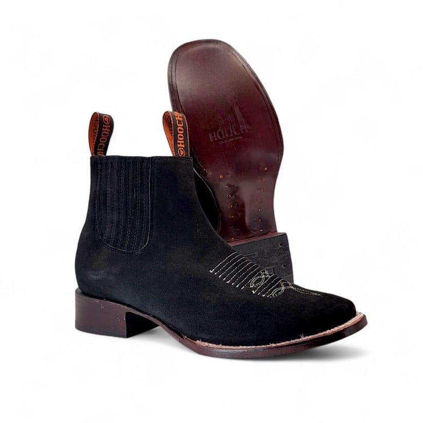 Hooch Boots Men's Handcrafted Nubuck Leather Black Wide Width Square Toe Western Ankle Boots - Side/Sole View