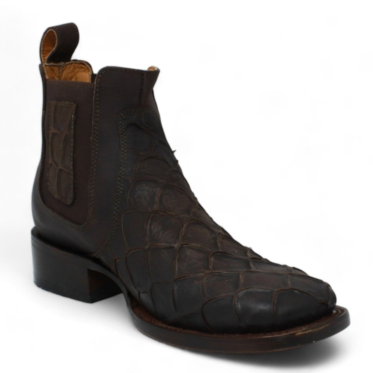 Hooch Boots Fish Print Leather Square Toe Ankle Boots - Chocolate