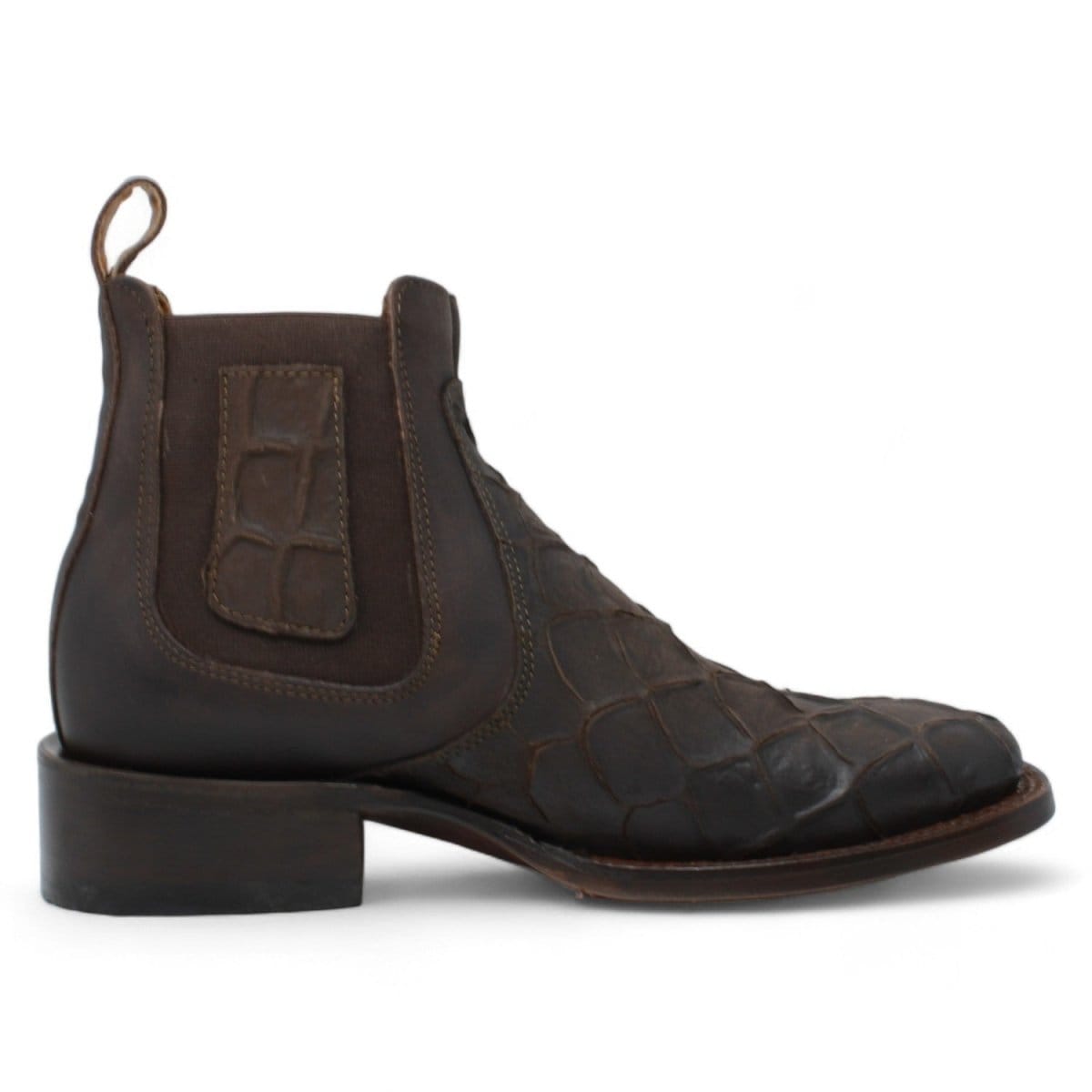 Hooch Boots Fish Print Leather Square Toe Ankle Boots - Chocolate
