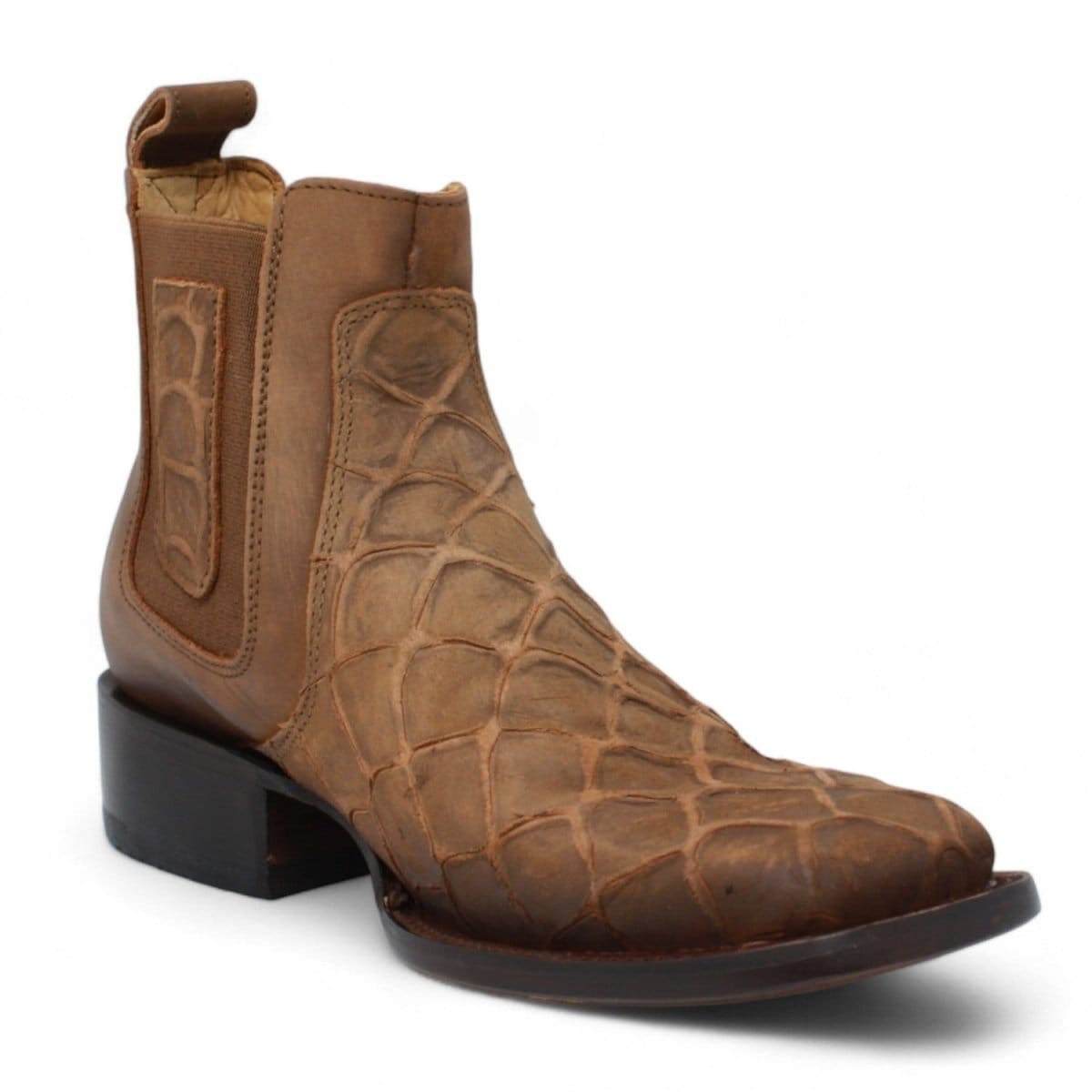 Hooch Boots Fish Print Leather Square Toe Ankle Boots - Cinnamon