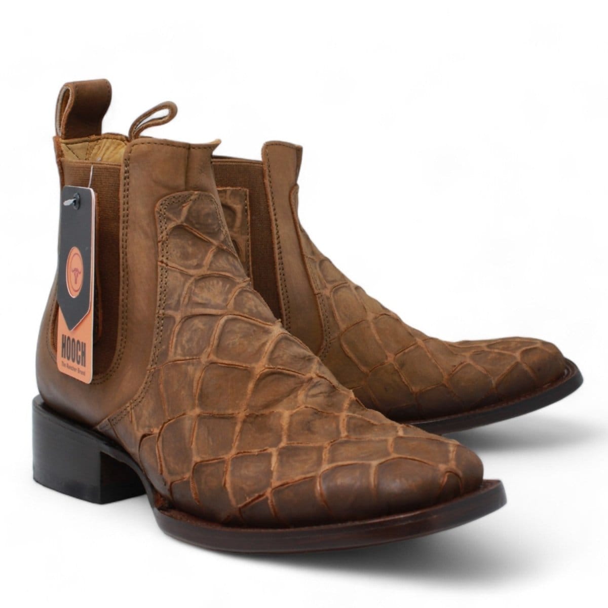 Hooch Boots Fish Print Leather Square Toe Ankle Boots - Cinnamon