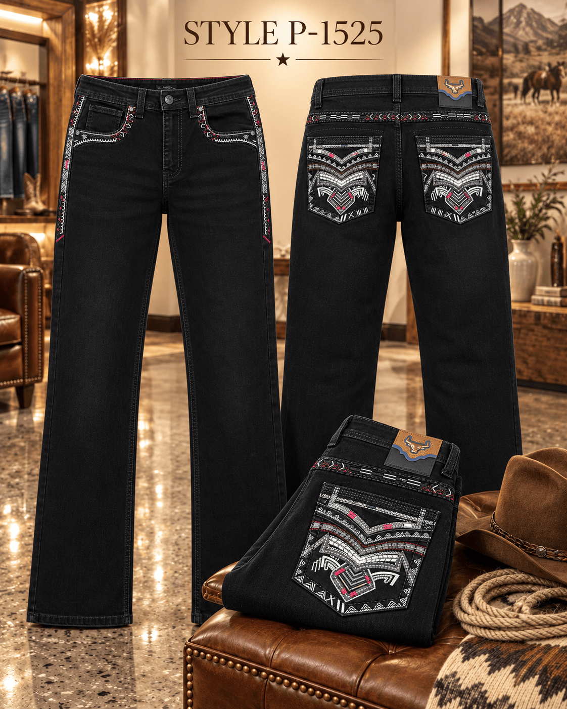 Hooch Boots Jeans Men's Black Western Bootcut Jeans with Embroidered Pockets – P-1525