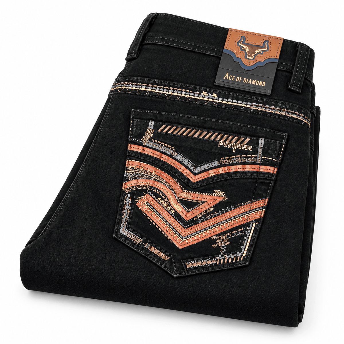 Hooch Boots Jeans Men's Black Western Bootcut Jeans with Orange Embroidery – P-1500