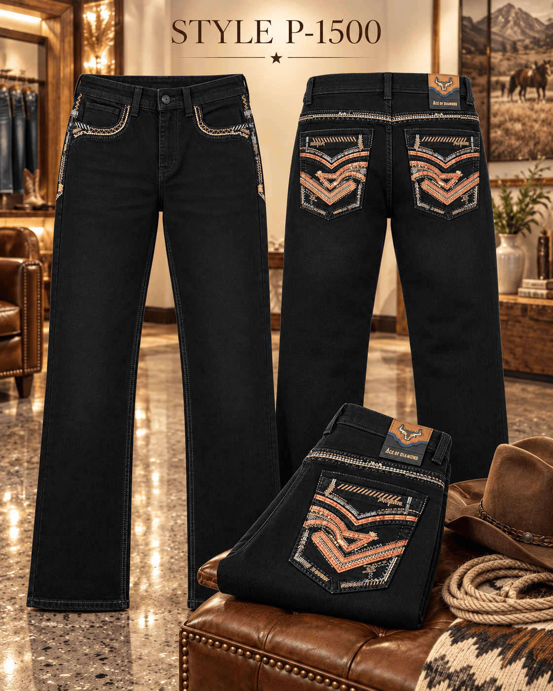 Hooch Boots Jeans Men's Black Western Bootcut Jeans with Orange Embroidery – P-1500