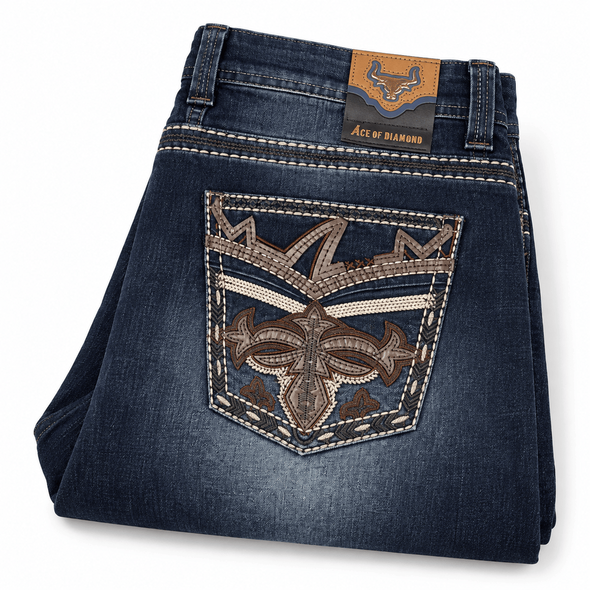 Hooch Boots Jeans Men's Dark Blue Western Bootcut Jeans with Cross Embroidery – P-1535