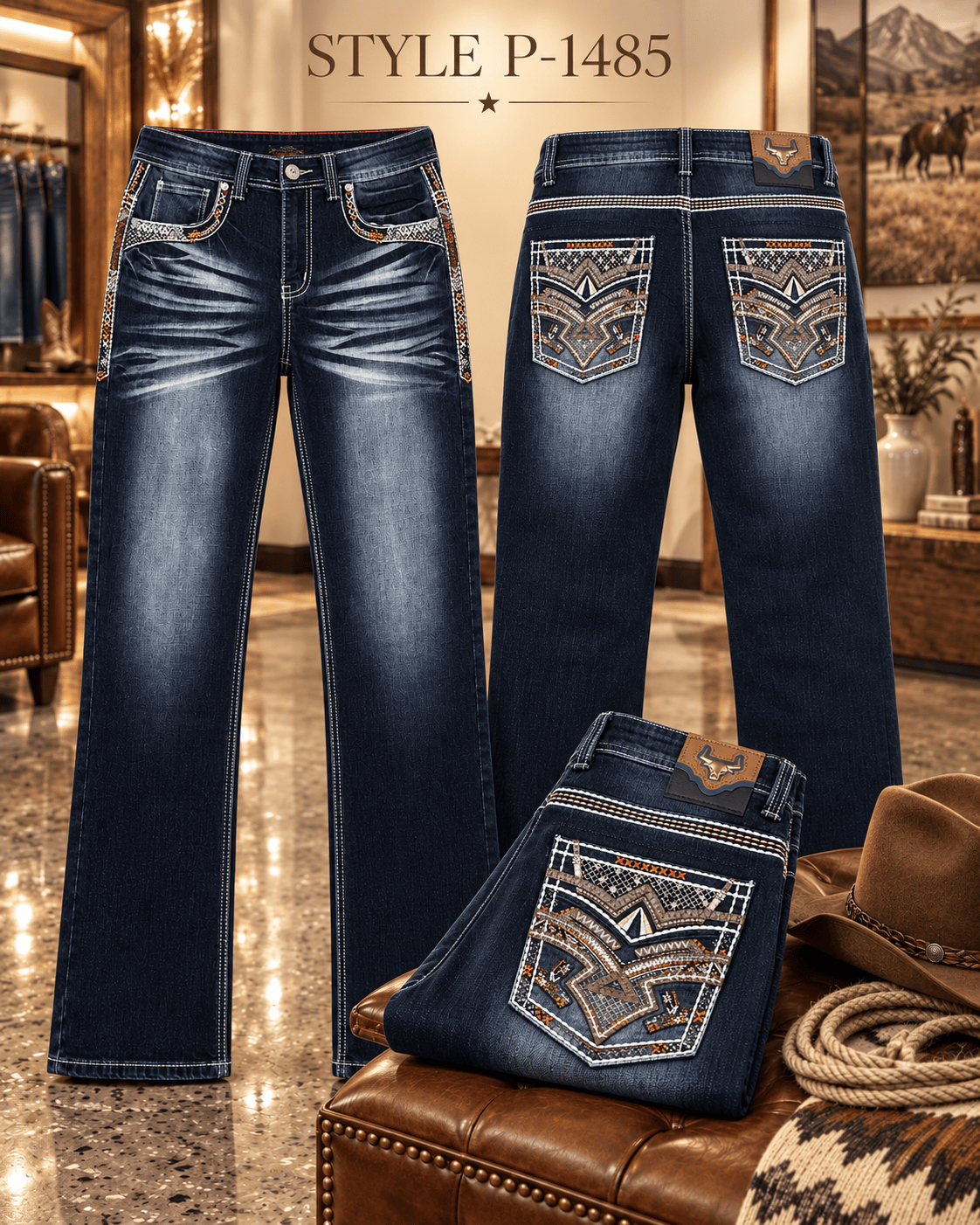 Hooch Boots Jeans Men's Dark Blue Western Bootcut Jeans with Geometric Embroidery – P-1485