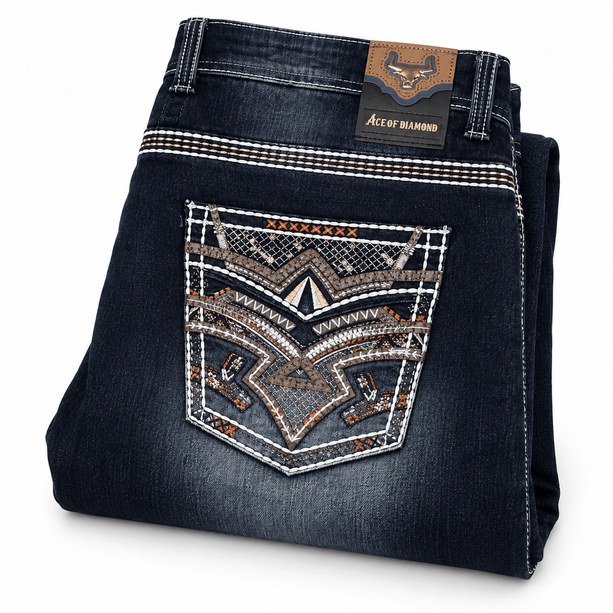 Hooch Boots Jeans Men's Dark Blue Western Bootcut Jeans with Geometric Embroidery – P-1485