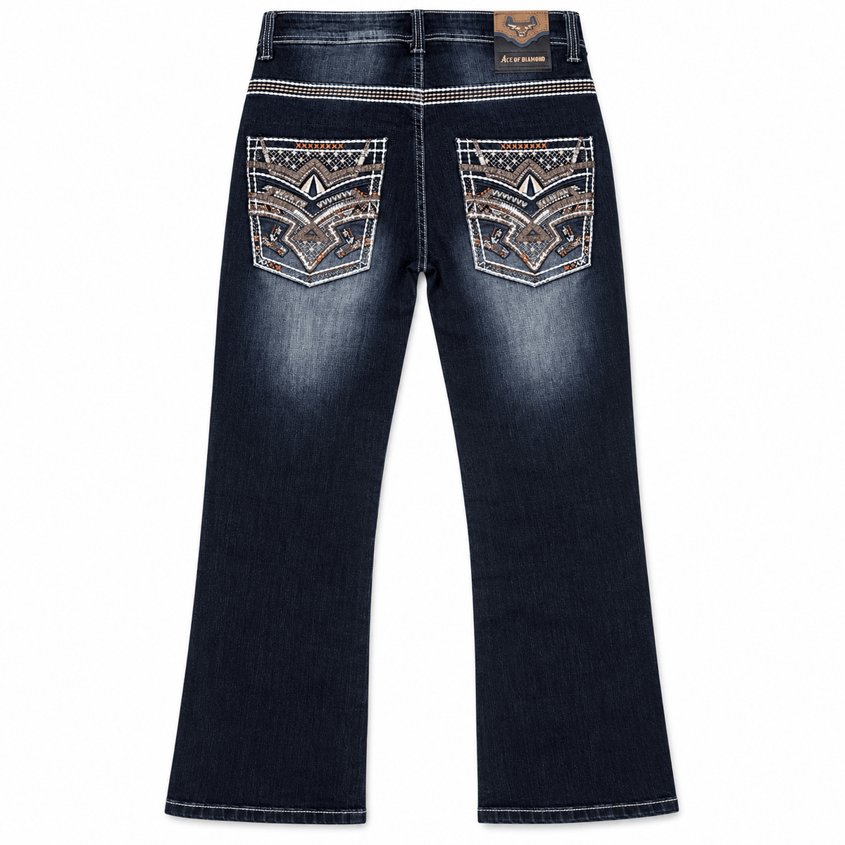 Hooch Boots Jeans Men's Dark Blue Western Bootcut Jeans with Geometric Embroidery – P-1485