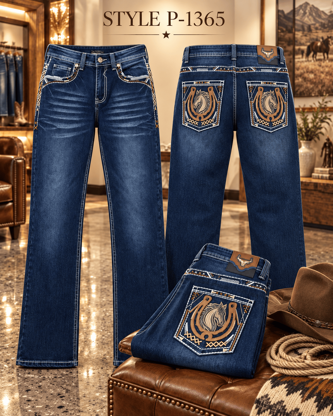 Hooch Boots Jeans Men's Dark Blue Western Bootcut Jeans with Horse Embroidery – P-1365