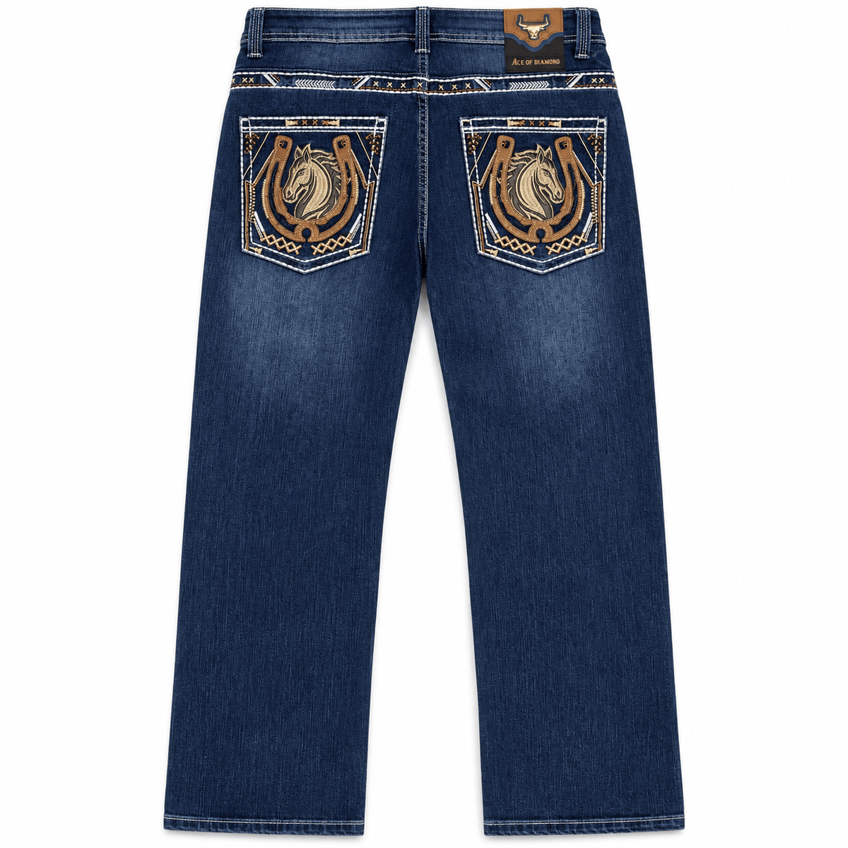 Hooch Boots Jeans Men's Dark Blue Western Bootcut Jeans with Horse Embroidery – P-1365