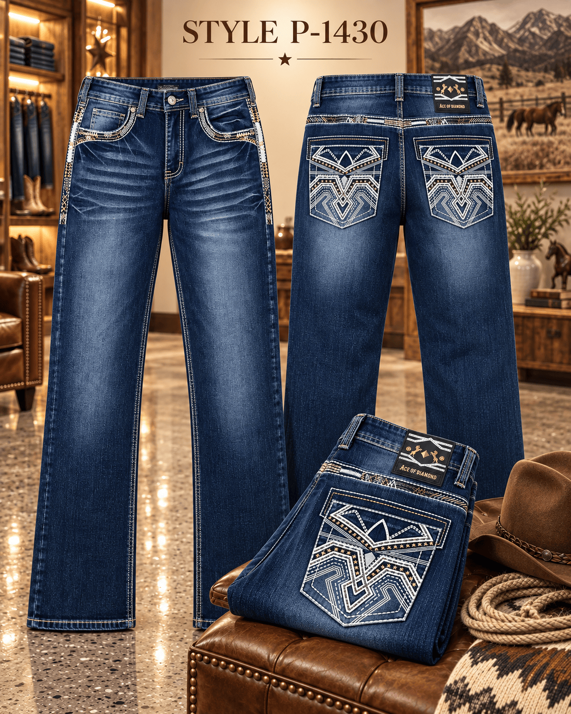 Hooch Boots Jeans Men's Dark Blue Western Bootcut Jeans with White Embroidery – P-1430
