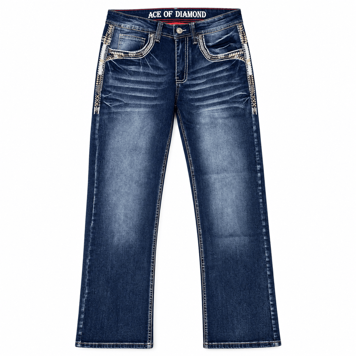 Hooch Boots Jeans Men's Dark Blue Western Bootcut Jeans with White Embroidery – P-1430