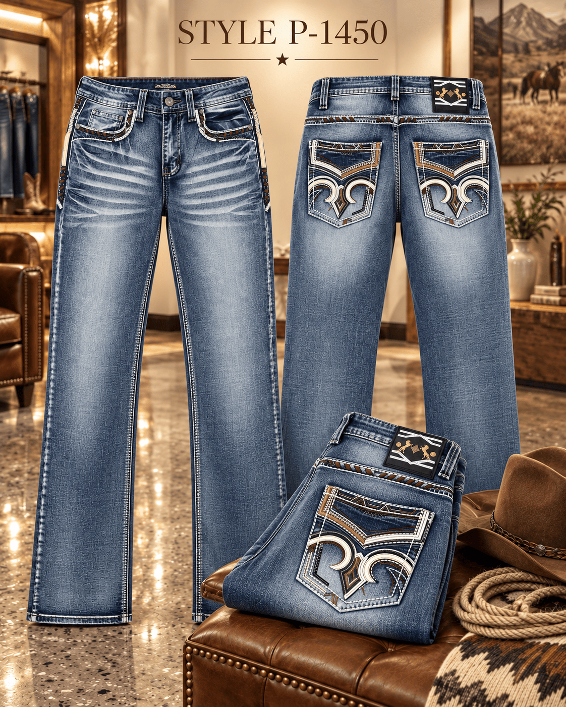 Hooch Boots Jeans Men's Light Blue Western Bootcut Jeans with Horseshoe Embroidery – P-1450