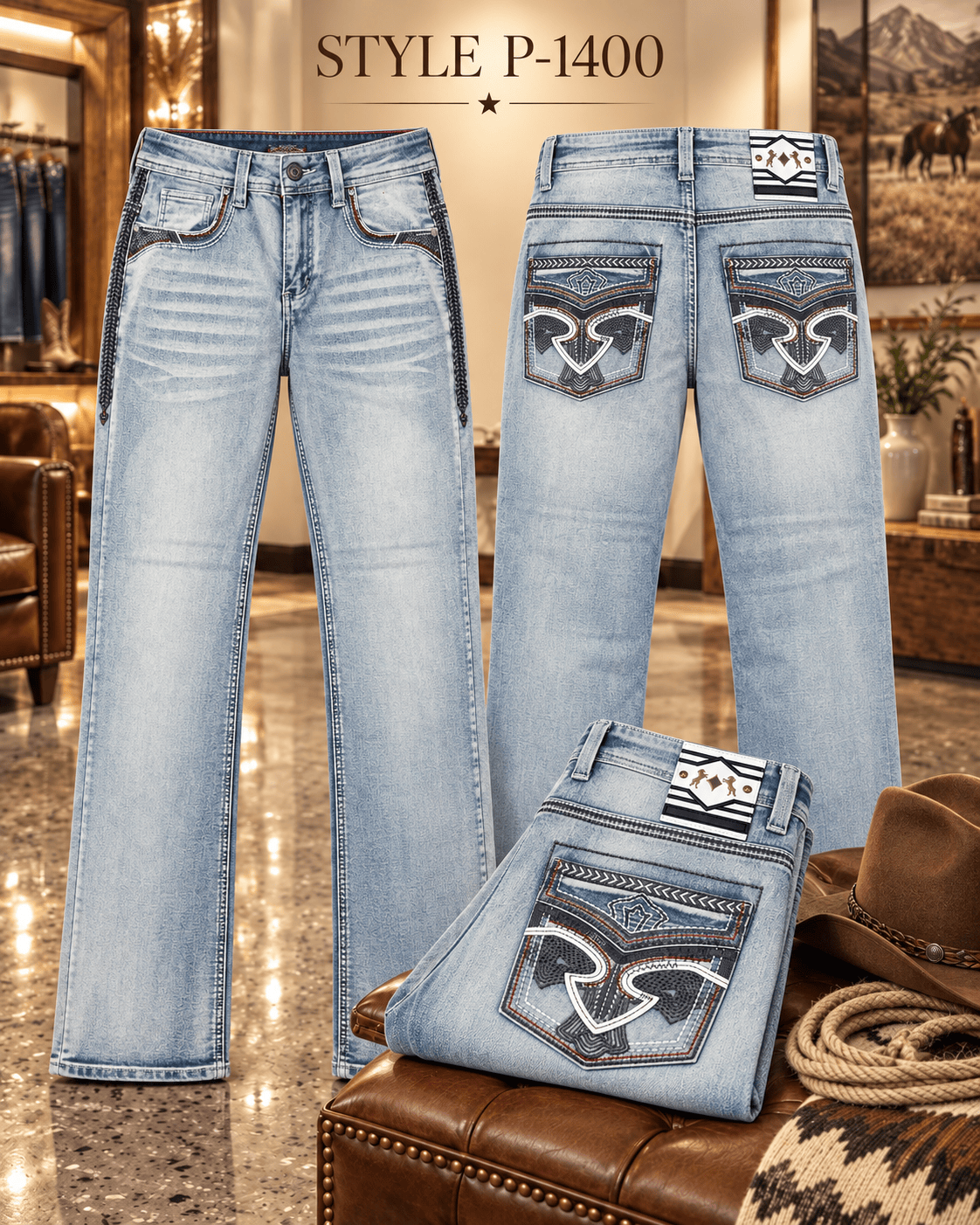 Hooch Boots Jeans Men's Light Wash Western Bootcut Jeans with Embroidered Pockets – P-1400