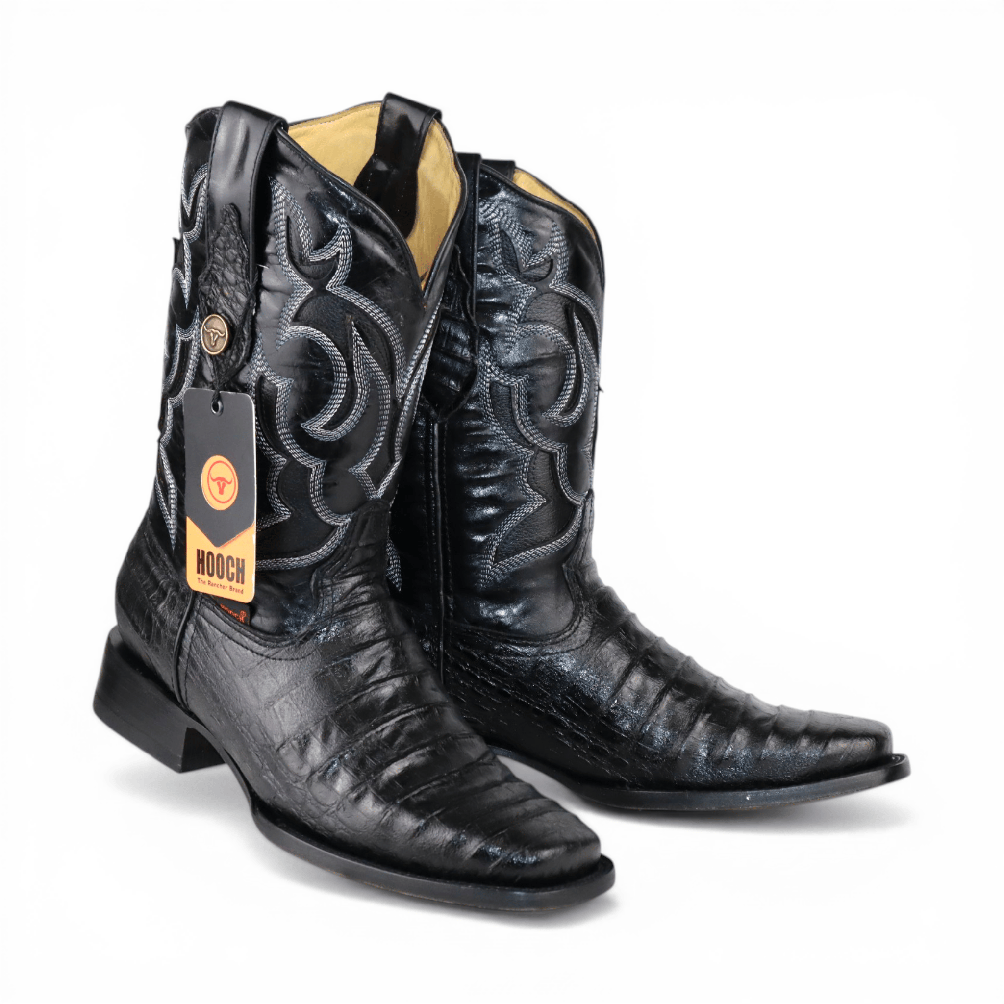Hooch Boots Men’s Caiman Belly Print Square Toe Boots Black Color – Hooch Boots