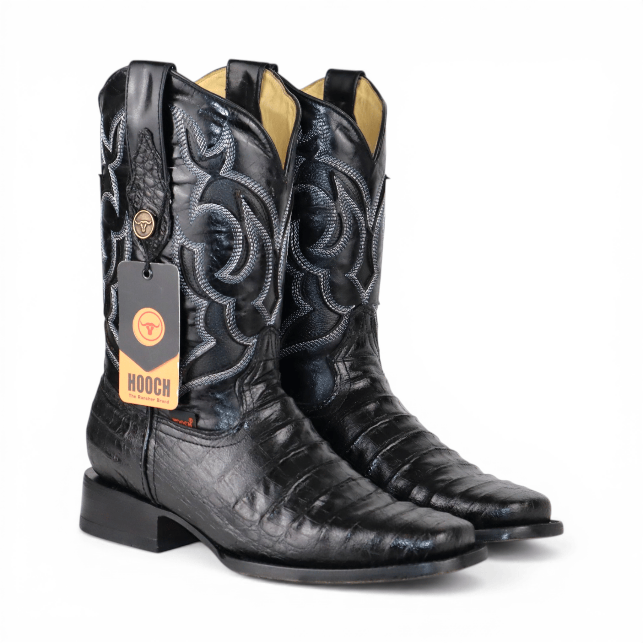 Hooch Boots Men’s Caiman Belly Print Square Toe Boots Black Color – Hooch Boots
