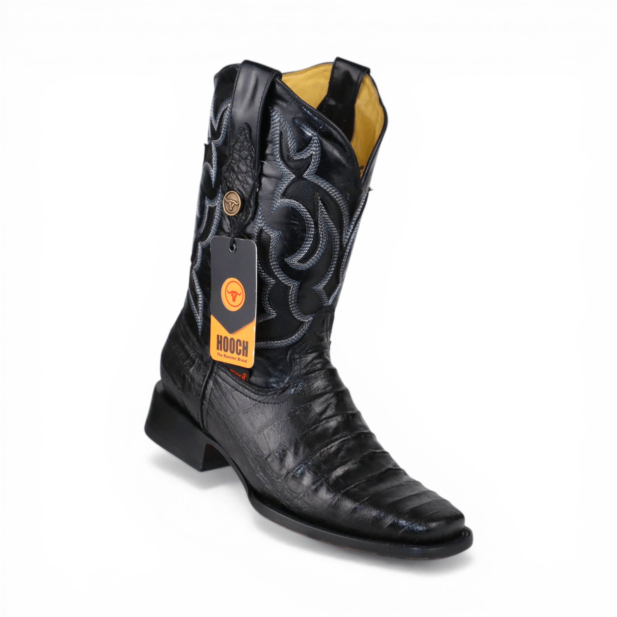 Hooch Boots Men’s Caiman Belly Print Square Toe Boots Black Color – Hooch Boots