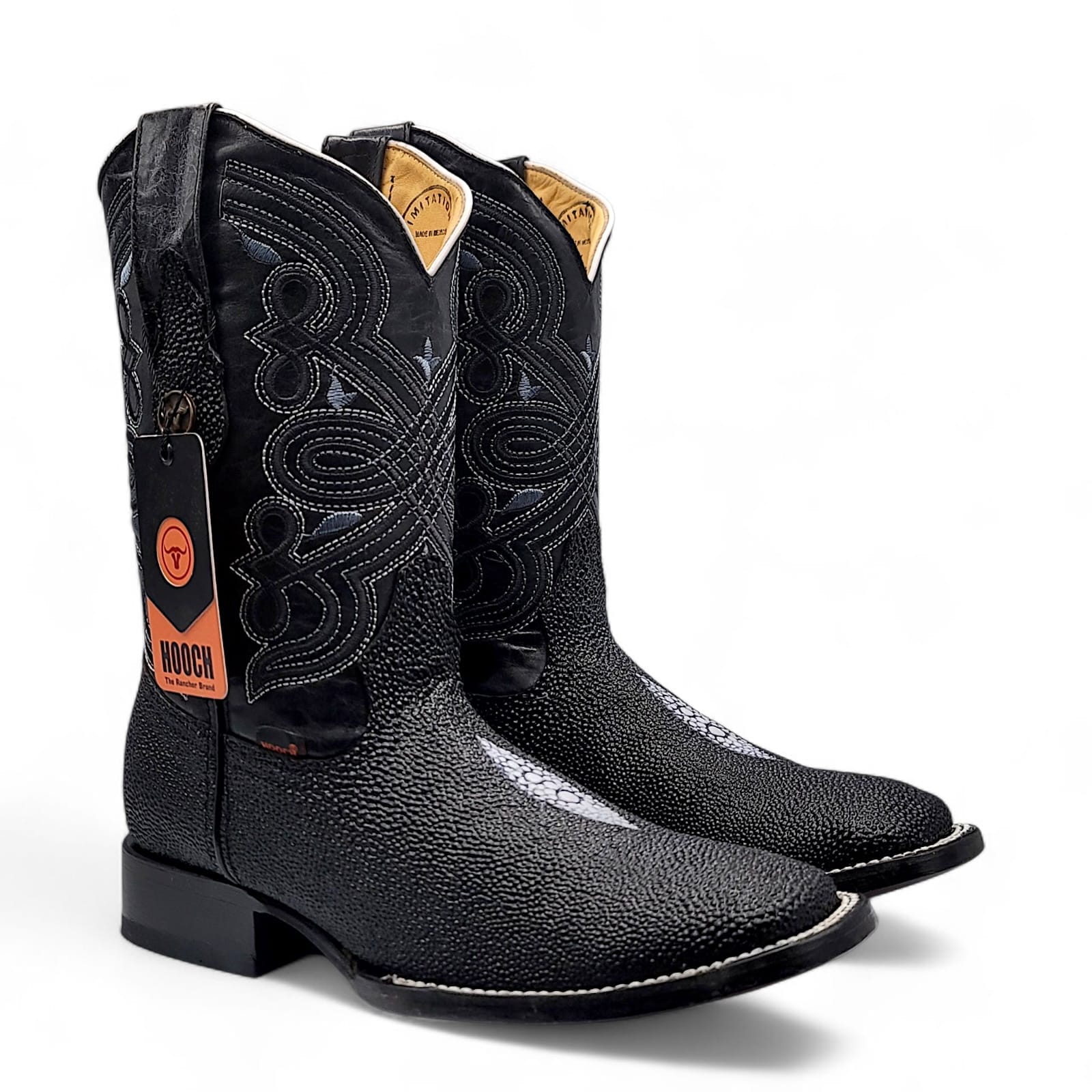 Hooch Boots Men’s Genuine Animal Skin Wide Square Toe Boots Black Stingray Print Color – Hooch Boots