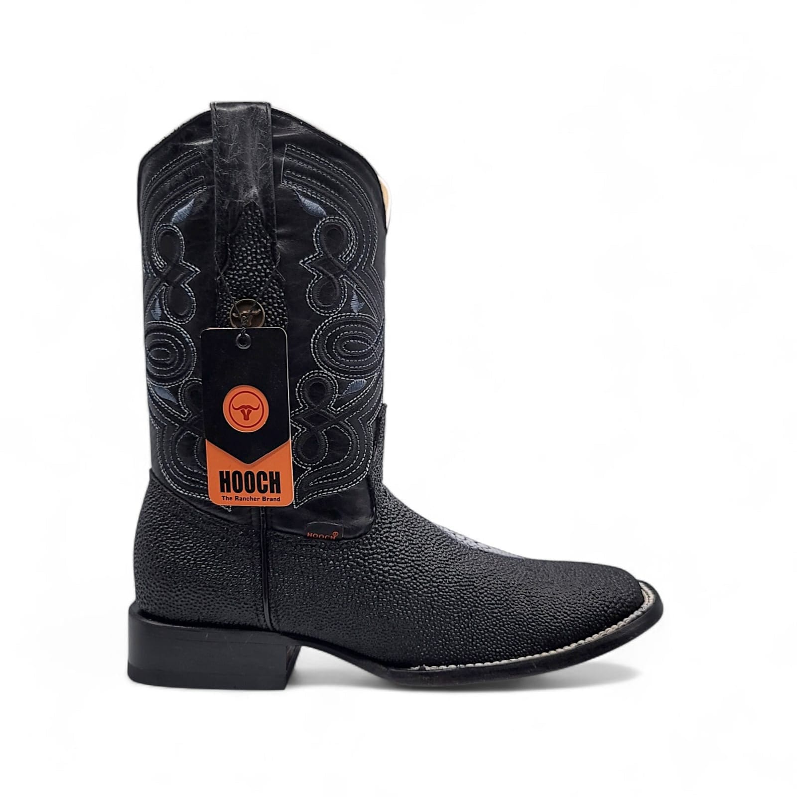 Hooch Boots Men’s Genuine Animal Skin Wide Square Toe Boots Black Stingray Print Color – Hooch Boots