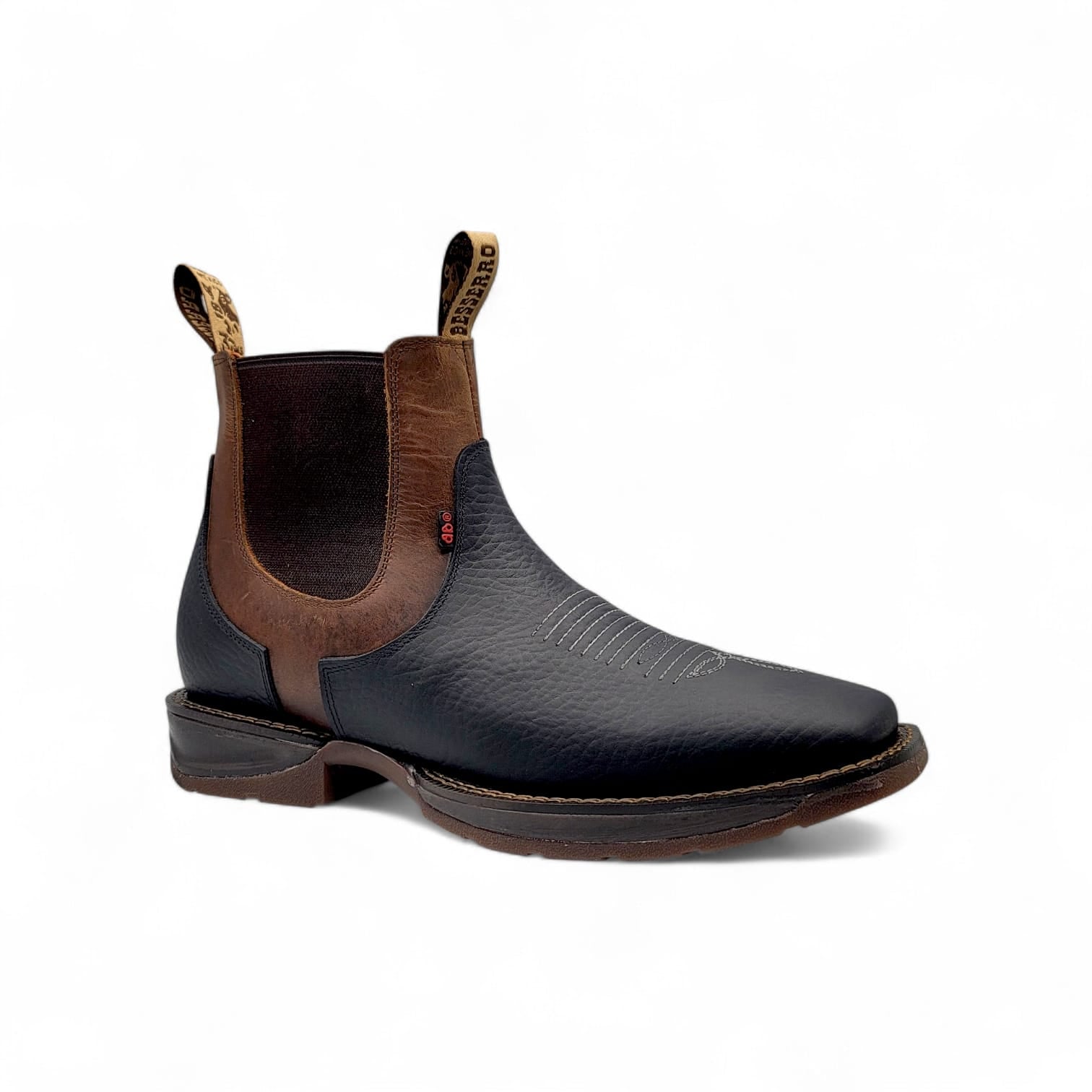Hooch Boots Men’s Genuine Leather Square Toe Ankle Boots Black-Honey Color with Rubber Sole