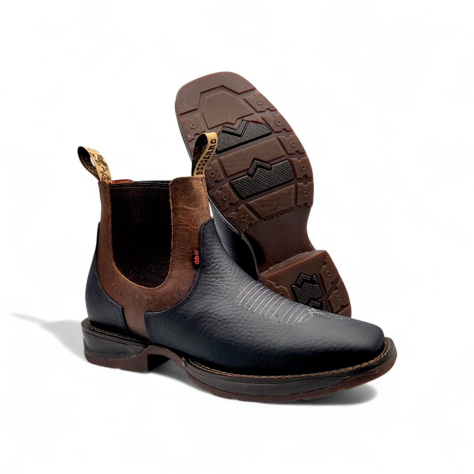 Hooch Boots Men’s Genuine Leather Square Toe Ankle Boots Black-Honey Color with Rubber Sole