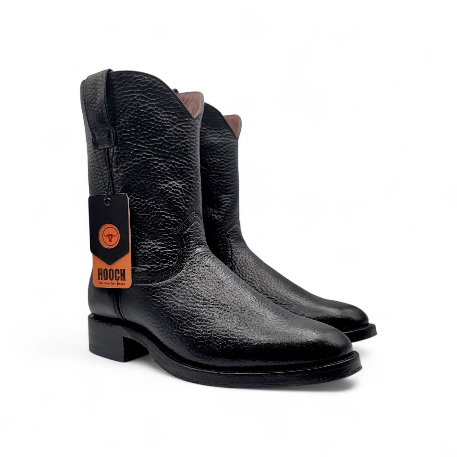 Hooch Boots Mens Roper Boot Black – Soft Genuine Leather Round Toe Western Boot H52PR0572 - Pair Side View