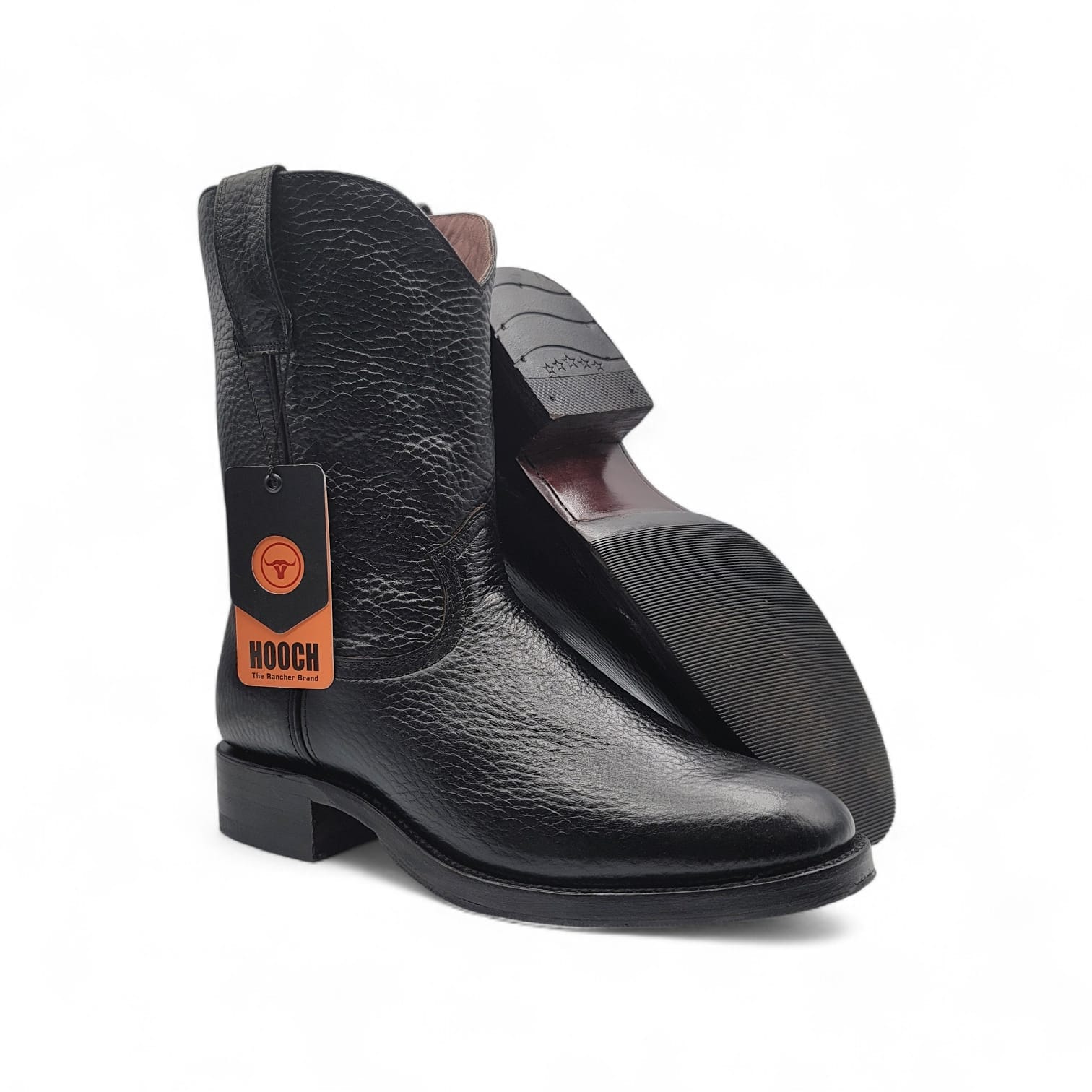 Hooch Boots Mens Roper Boot Black – Soft Genuine Leather Round Toe Western Boot H52PR0572 - Side View