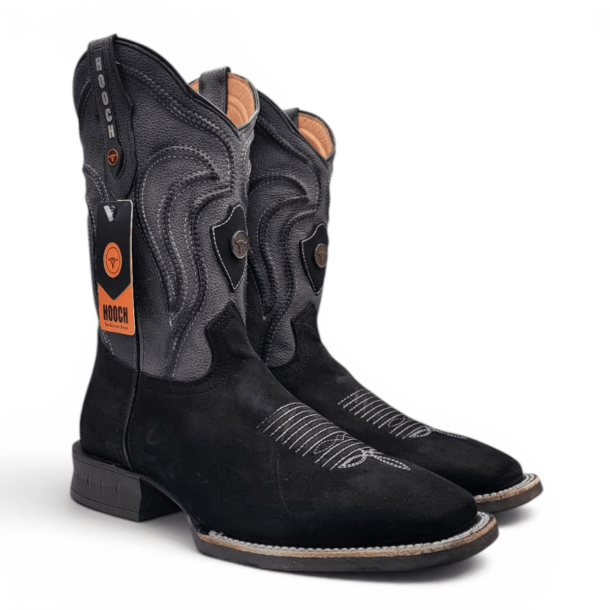 Hooch Boots Mens Square Toe Boot Black Nobuck Leather - Rubber Sole Western Boot