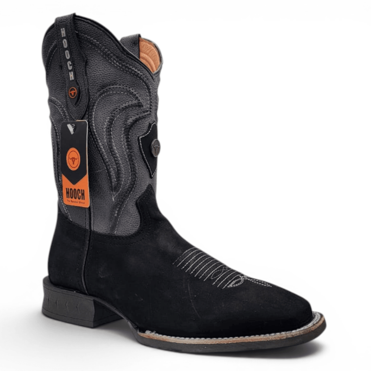 Hooch Boots Mens Square Toe Boot Black Nobuck Leather - Rubber Sole Western Boot
