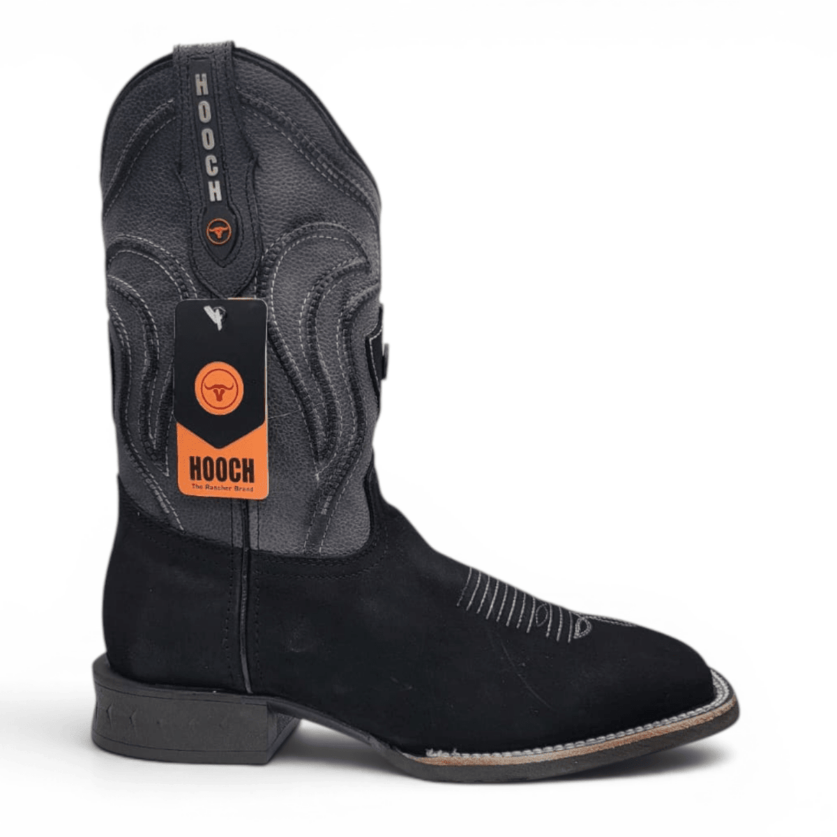 Hooch Boots Mens Square Toe Boot Black Nobuck Leather - Rubber Sole Western Boot